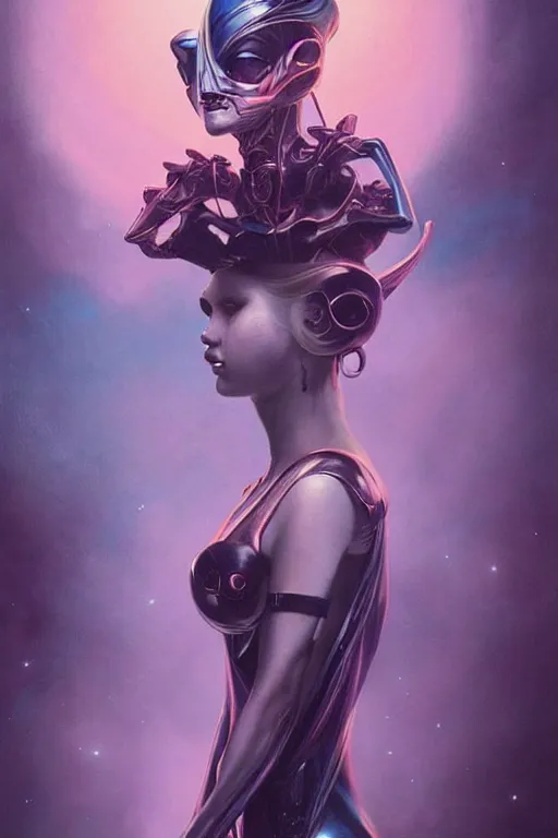 Image similar to a dramatic lighting photo of an elegant alien queen, vaporwave colors, goth vibe, kawaii vibe, moody aesthetic, artgerm, tom bagshaw, gerald brom,