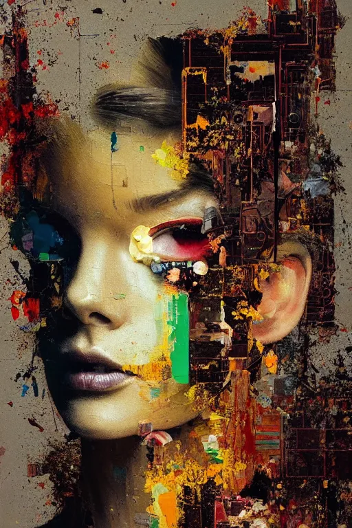Image similar to a beautiful glitched painting by robert proch of a woman in a glitched bathroom, metal rust and plaster materials, pixel sorting, color bleeding, brushstrokes by jeremy mann, still life, dark colors