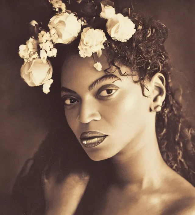 Image similar to Beyonce as a stunning young girl With flowers in her hair, fine art portrait photography by Sarah Moon