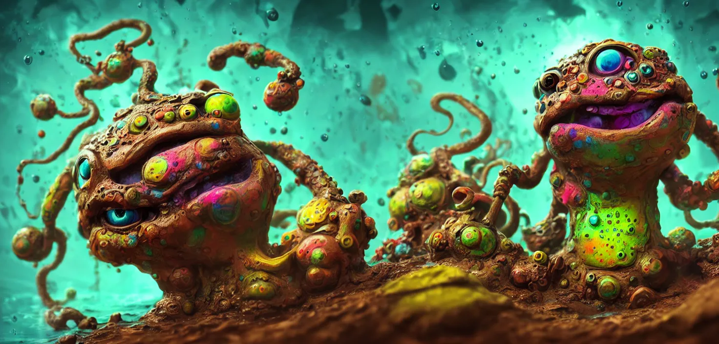Prompt: intricate colourful mud monsters with big eyes splash in the water, in the style of craola, macro lens, shallow depth of field, highly detailed, digital painting, trending artstation, concept art, illustration, cinematic lighting, vibrant colors, photorealism, epic, octane render