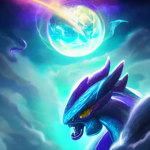 Image similar to Aurelion Sol from League of Legends looking down at Earth from space, riot games art, digital art, trending on artstation, highly detailed