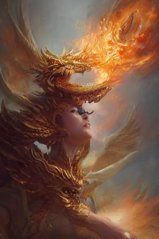 Image similar to beautiful girl sorcerer transforming into fire and golden dragon skin, casting magic spell, angel, fantasy, magic the gathering, hyper detailed, 3 d render, hyper realistic detailed portrait, peter mohrbacher, wlop, ruan jia, luis royo