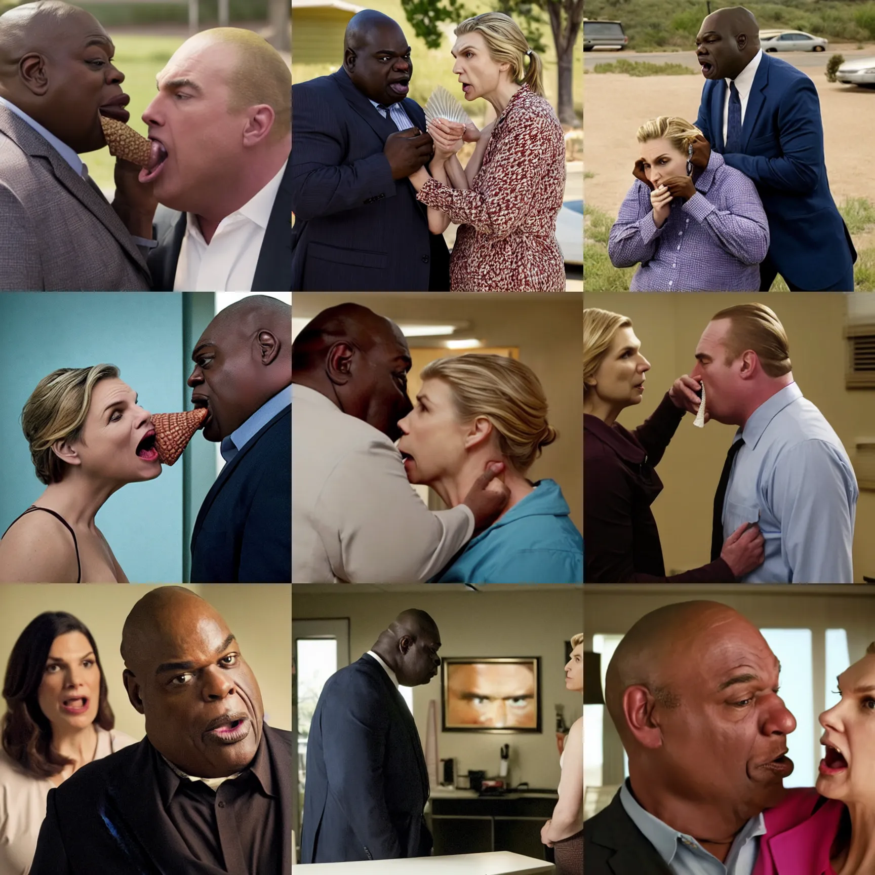 Prompt: huell babineaux, with a cone - shaped head, eating kim wexler as he shoves her head into his mouth, still from better call saul