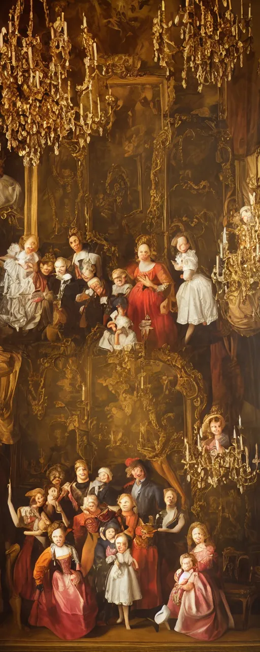Image similar to oil paint canva of family portrait in the main room of the castle, dark room, one point of light trough a big window. baroque style 1 6 5 0, high details on clothes, realistic faces and expressions
