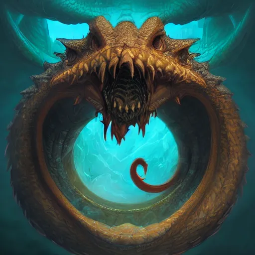 Image similar to Portrait of the Dragon Ouroboros in the style of Dreamworks, angry look, highly detailed, digital painting, Trending on artstation , HD quality, dramatic light, octane