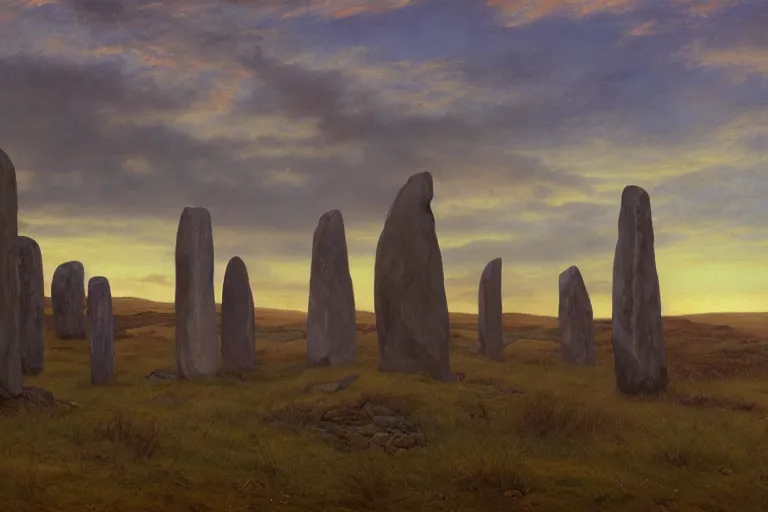 Prompt: circle of standing stones at dawn, dramatic cinematic lighting, rich colors, by William Dyce and ford madox brown and April Gornik and Caspar David Friedrich and Diego Rivera and Tyler Edlin, featured on artstation