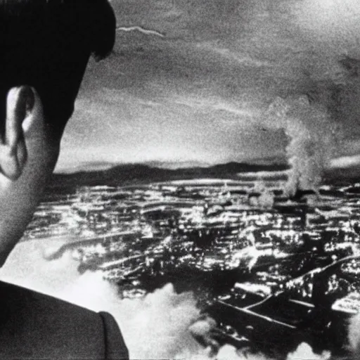 Image similar to a filmstill of Kim Jong-il, monster destroying Pyongyang, in Godzilla (1954) by Ishirō Honda, epic ultrawide shot, cinémascope