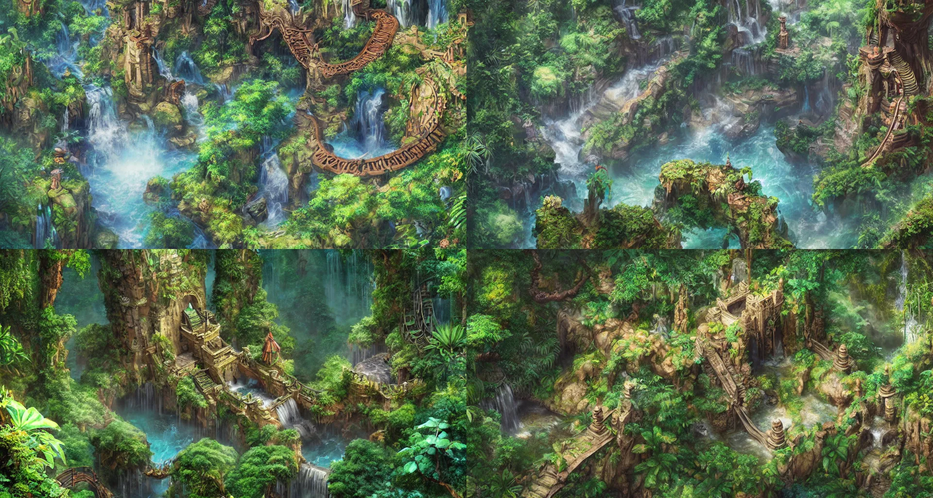 Prompt: a beautiful detailed matte painting of ancient ornamental magic gate in the jungle and small waterfall, aerial view, digital art by cai zhichao and tyler edlin and ghibli art, hyper realistic, concept art, futurism, vibrant, detailed, octane render, cgsociety, trending on artstation