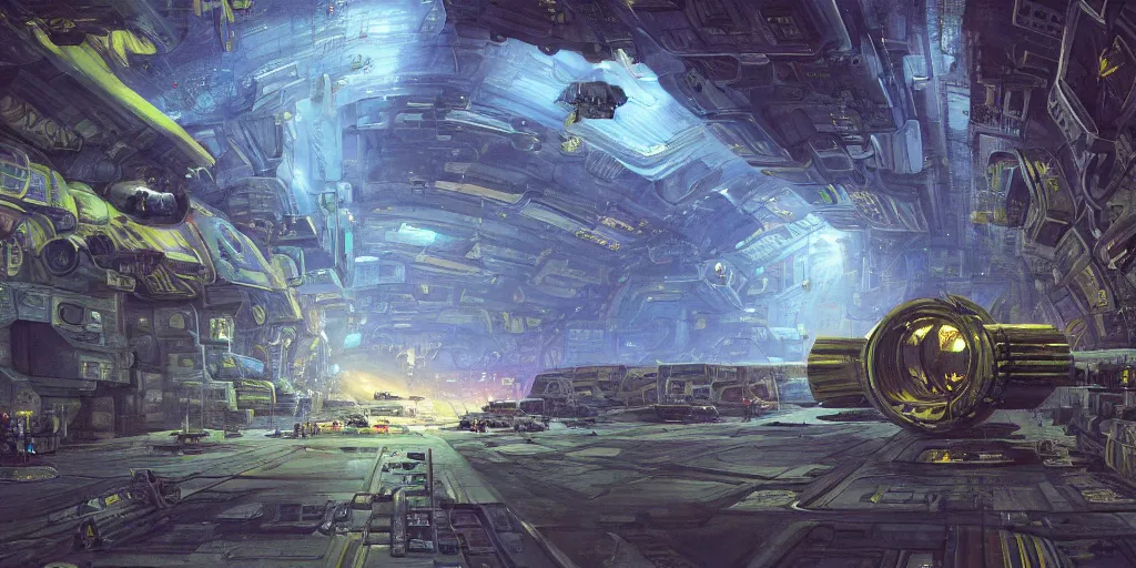 Prompt: an extremely detailed masterpiece epic color scene of the inside of a cavernous spaceship cargo bay with various types of parked spacecraft with pilots an opened hanger door space scene in background, in the style of frank paul lehr and lebbeus woods, intricate, elegant, highly detailed, digital painting, artstation, cinematic lighting, extremely moody lighting, glowing light and shadow, 4 k