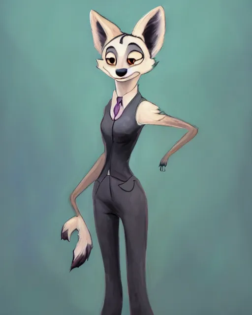 Image similar to oil painting of anthromorphic female wolf, in style of zootopia, zootopia, zootopia, fursona, furry, furaffinity, 4 k, deviantart, furry art, fursona art, wearing black business suit, business suit, in style of zootopia, wolf fursona, cyberpunk, female, expressive detailed feminine face,