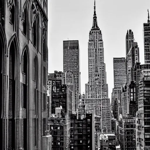 Image similar to new york skyline with gothic architecture, very details