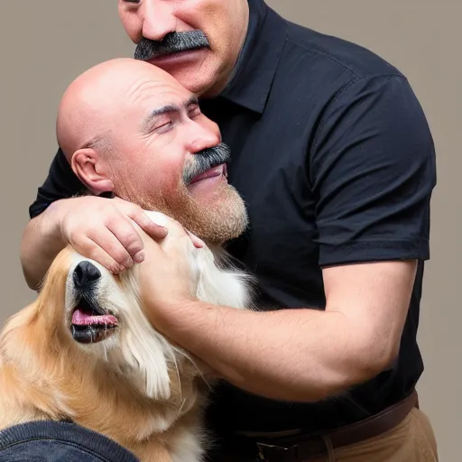 Prompt: Bald man with mustache hugging Golden Retriever, realistic