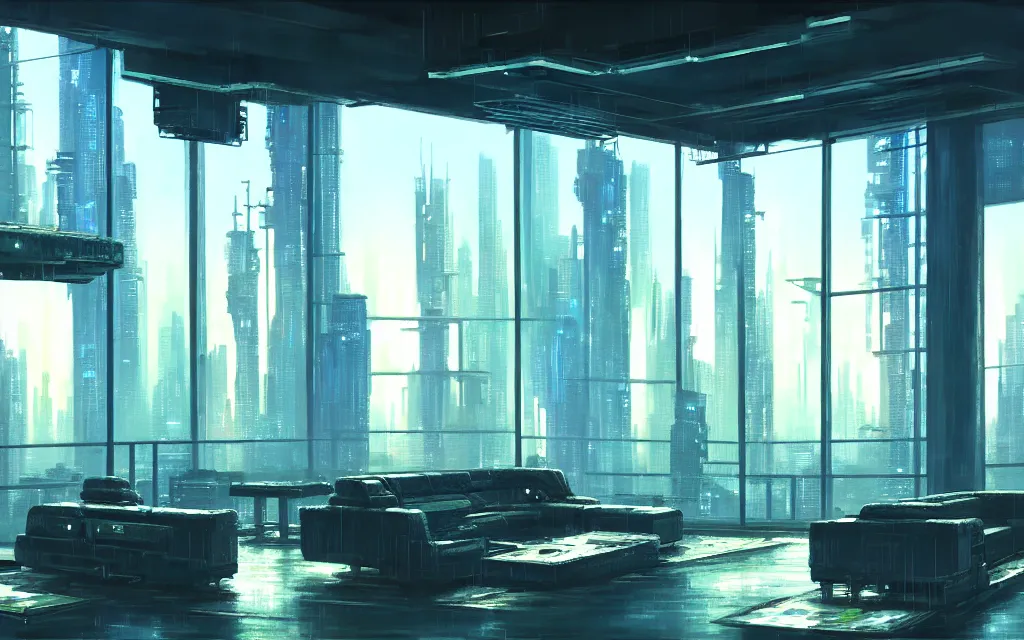 Image similar to cyberpunk loft lounge with tall windows, no people, city in background, drawn by feng zhu, sparse plants, dim painterly lighting volumetric aquatics, impasto