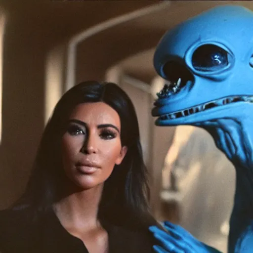 Prompt: film still of kim kardashian being hugged menacingly by an alien, associated press, 2 6 mm, kodak ektachrome, blue tint expired film.