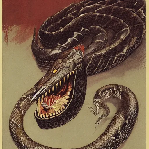 Image similar to coiled rattlesnake neck eyes fangs serpent serpent python wearing a lion lion costume neck tall long snake viper j.m.w. turner greg rutkowski giorgio de chirico william merritt chase ralph steadman arsen savadov dan witz uta natsume aquatint