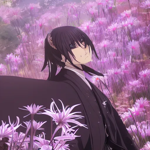 Image similar to portrait of odu nobukatsu combusting in the field of spider lilies, anime fantasy illustration by tomoyuki yamasaki, kyoto studio, madhouse, ufotable, square enix, cinematic lighting, trending on artstation