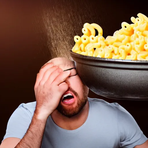 Prompt: a stream of mac n' cheese flowing out of a man's mouth into a huge bowl. His eyes are red from crying. photograph.