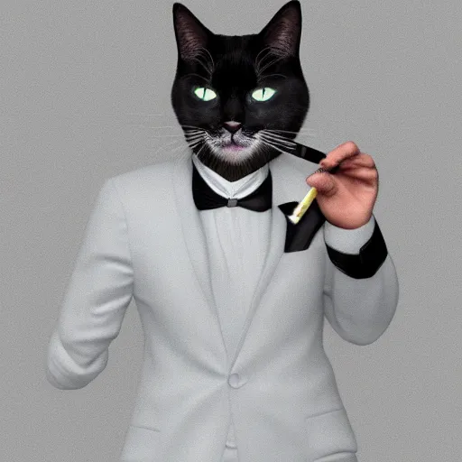 Image similar to a high quality photo of a cat wearing a suit and smoking, render, ultra realistic, cgsociety