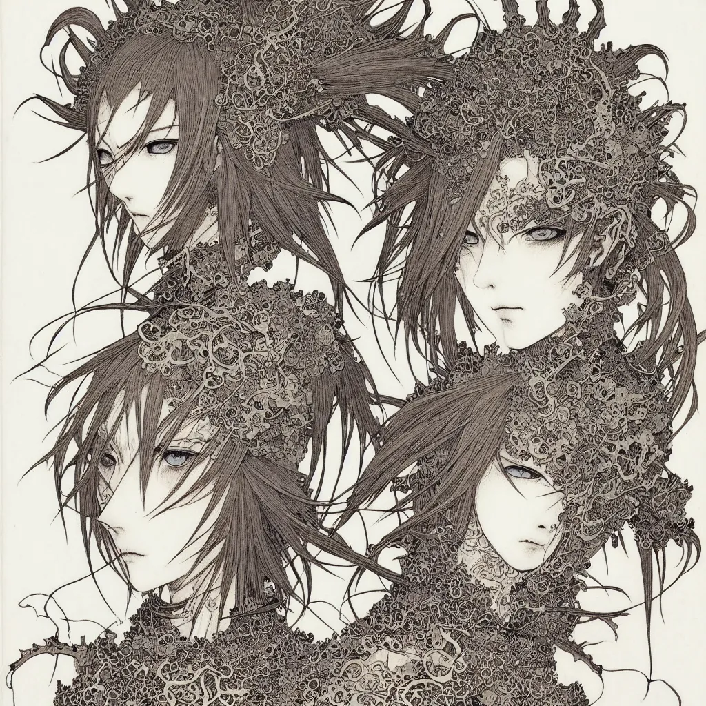 Prompt: prompt: one human Fragile looking character portrait face drawn by Takato Yamamoto, Human inside modernistic looking armor with wild hairstyle, inspired by Evangeleon, clean ink detailed line drawing, intricate detail, manga 1980, portrait centric composition