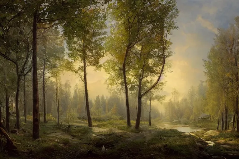 Image similar to A beautiful painting of russian village in dark forest by ivan shishkin and arkhip kuindji, trending on artstation,matte painting