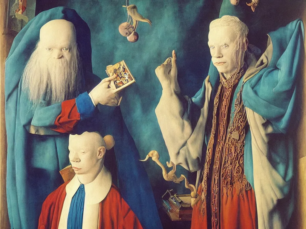 Prompt: Portrait of albino mystic with blue eyes, with beautiful paintings on his walls. Painting by Jan van Eyck, Audubon, Rene Magritte, Agnes Pelton, Max Ernst, Walton Ford