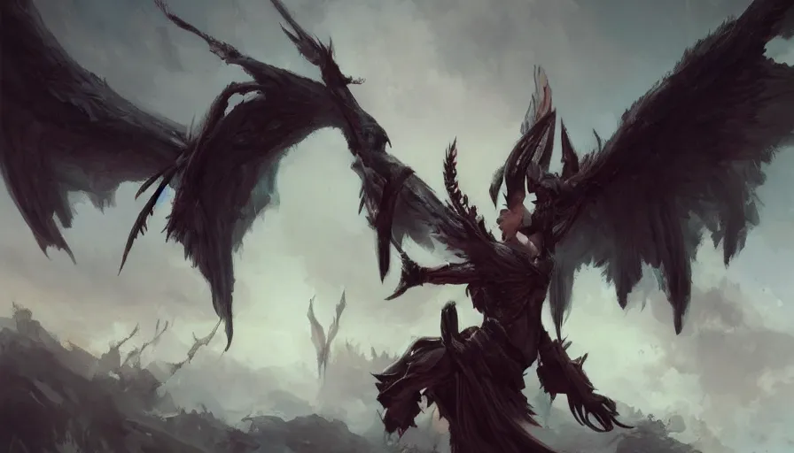 Image similar to A beautiful painting of a winged demon by greg rutkowski and Kalin Popov , Trending on artstation HD.