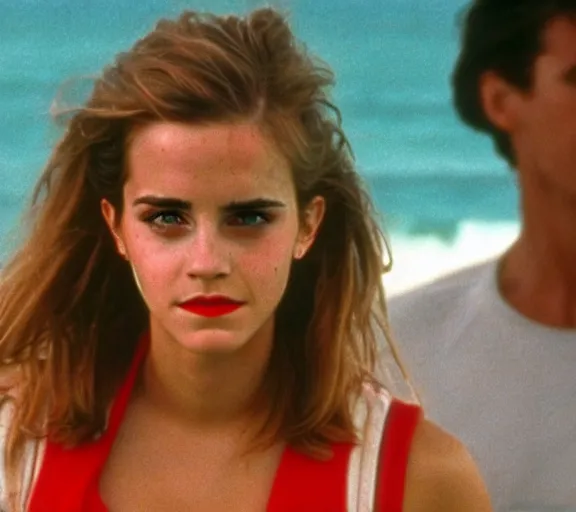 Image similar to color still shot of emma watson on baywatch 1 9 8 9 tv show, running, face closeup,