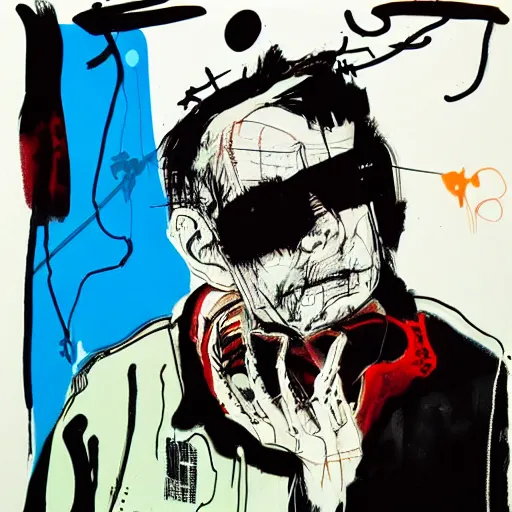 Prompt: Graphic Illustration, Creative Design, minimalist background, techwear, Cyberpunk, Portrait, Character Design, graffiti, by Ralph Steadman, Francis Bacon, Hunter S Thompson