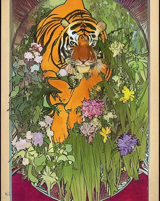 Image similar to Poster of a tiger skull with pineapple leaves growing out of the top art surrounded by varities of flowers, cell shading, by Alphonse Mucha, Moebius, hiroshi yoshida, Art Nouveau, colorful, ultradetailed, vivid colour, 3d