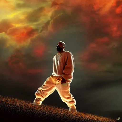 Image similar to kanye west ascending into heaven, holy, digital art, high quality, high resolution