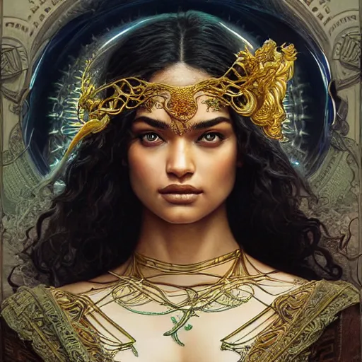 Image similar to Shanina Shaik as Medusa, greek goddess, intricate, elegant, highly detailed, digital painting, artstation, concept art, smooth, sharp focus, illustration, art by artgerm and greg rutkowski and alphonse mucha