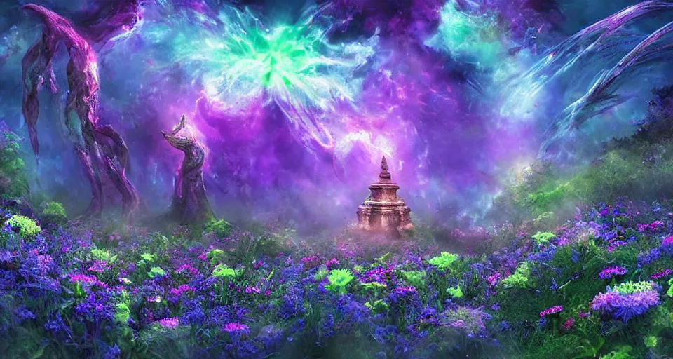 Prompt: a large alien shrine shrouded by mystic nebula magic in a field of flowers, breath - taking beautiful flowers, streams, nebula, and mist, an aesthetically pleasing, dynamic, energetic, lively, complex, intricate, detailed, well - designed digital art of magic, streams, flowers, and mist, early morning, light and shadow
