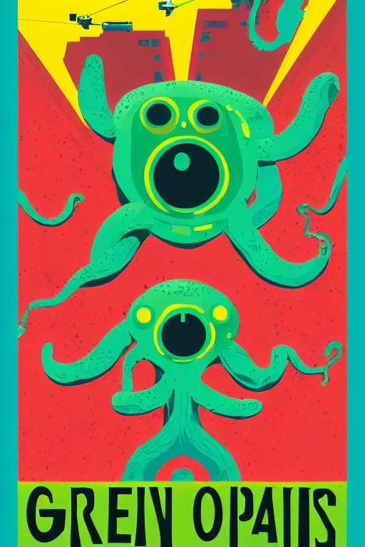 Prompt: a movie poster for the film (green octopus attacks robot) by Tom Whalen, highly detailed, fantasy, artstation
