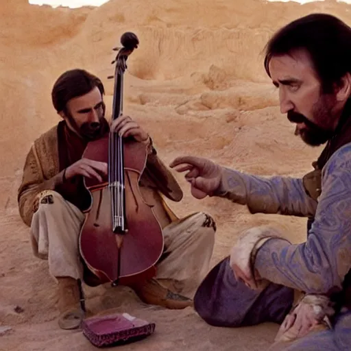 Image similar to Nicolas Cage as berber musicians, smoking hashish and playing string instruments in a dusty, sunny environment, a frame from an early star wars movie