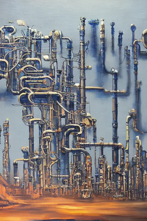 Prompt: oil painting, extra long-vie, hight detailed, thousand small melting industrial pipes, in style of 80s sci-fi art