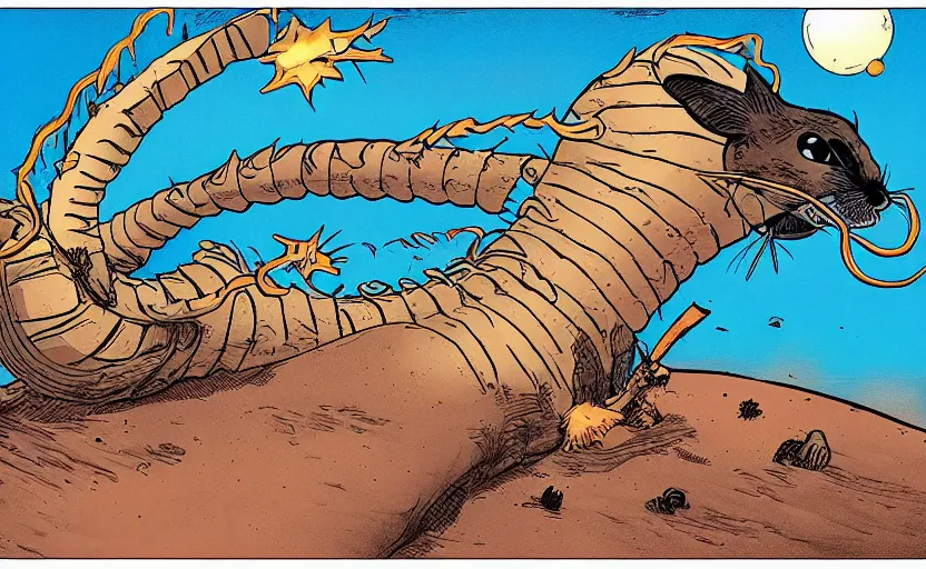 Image similar to incredible eye catching comic panel showing a desert mouse riding a sandworm of the deep desert