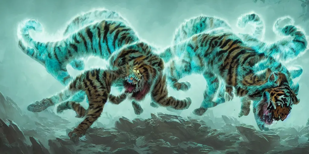 Image similar to Ghostly tiger creature made out of turquoise energy character design sheet, Monster Hunter Illustrations art book, Bright sparks, claws, huge sabertooth fangs, Moebius, Greg Rutkowski, Zabrocki, Karlkka, Jayison Devadas, Phuoc Quan, trending on Artstation, 8K, ultra wide angle, zenith view, pincushion lens effect.