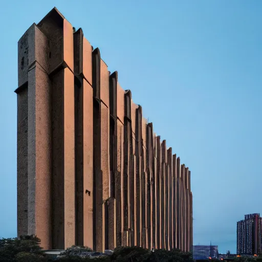 Image similar to a wide shot of a sci - fi beautiful neo - brutalist monumental multi - building structure, tall brutalist facilities with spaceship parking lots on top, with many rounded elements sprouting from the base tower creating a feel of an organic structure, photography shot at blue hour