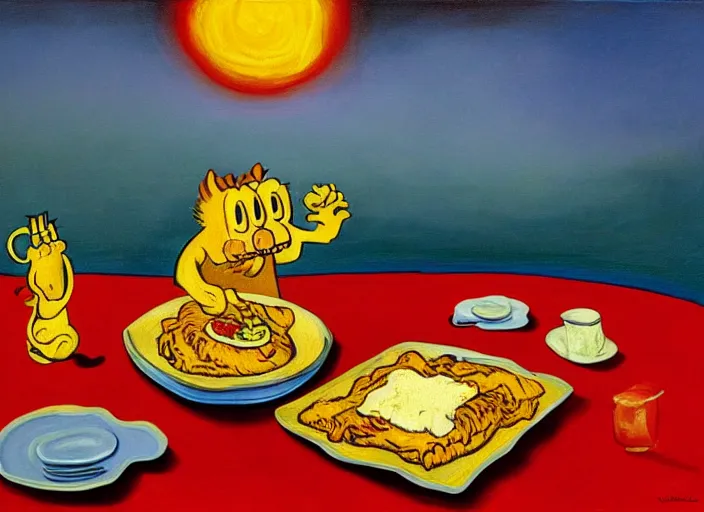 Image similar to surrealist painting of garfield eating lasagna at dusk, in the style of vincent van gogh and salvador dali and wayne barlowe