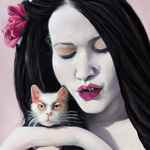 Image similar to a woman with black long hair and pink extensions singing powerfully with her black and white cat, oil painting, high detail, 4k, trending on artstation, devianart, cgsociety