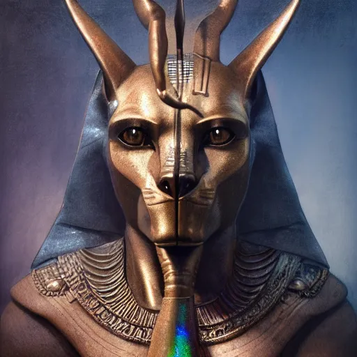 Image similar to portrait of anubis, intricate artwork, concept art, octane render, deviantart, cinematic, key art, hyperrealism, iridescent accents, portrait photograph, nikon 3 5 mm, photograph by greg rutkowski