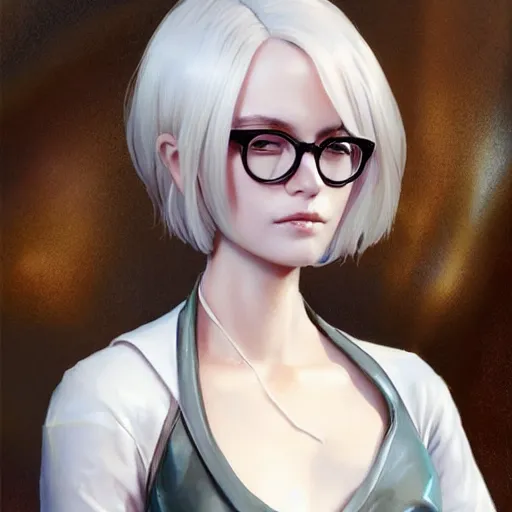 Prompt: a bust portrait of a scientist android girl with silver hair wearing white suit and glasses by artgerm and wlop and krenz cushart and stephan martiniere, painterly