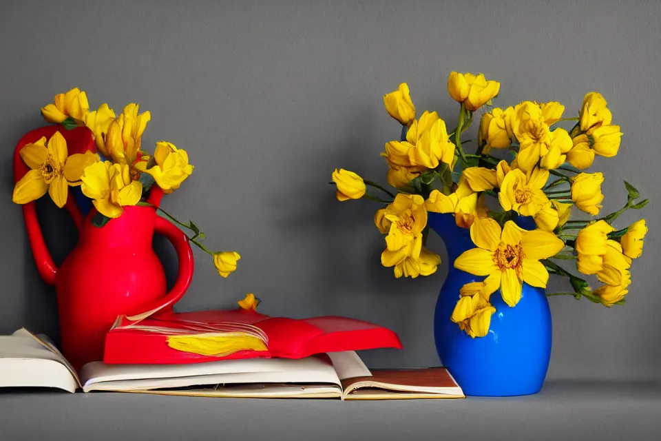 Image similar to red book and yellow vase with blue flowers, photo