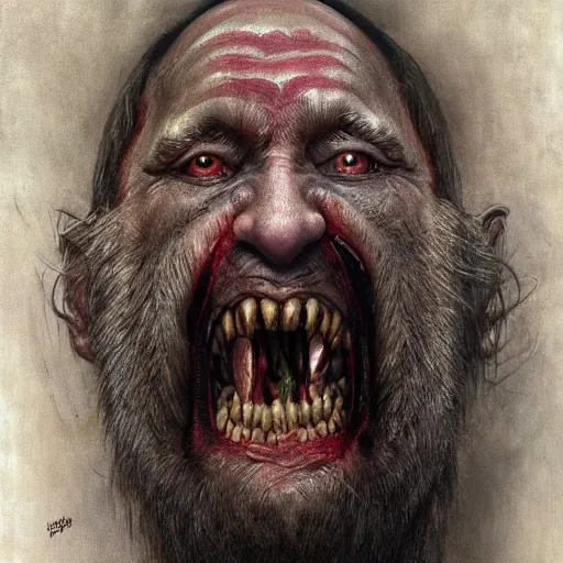 Image similar to vladimir putin, putin is bald caveman, vladimir putin awe face, toothless, saw teeth, reptile scary eyes, peeling skin, horror macabre face, clown nose, by donato giancola and greg rutkowski and wayne barlow and zdzisław beksinski, realistic face, digital art