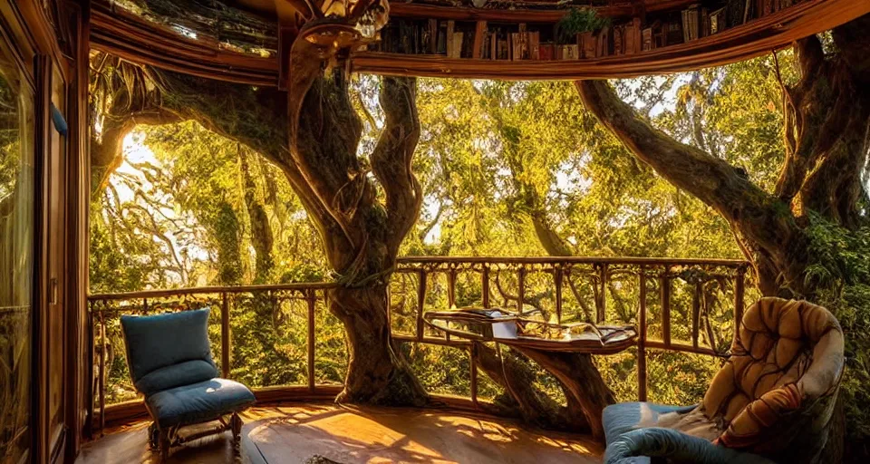 Prompt: An incredibly beautiful scene from a 2022 fantasy film featuring a cozy art nouveau reading nook in a fantasy treehouse interior. Ancient books. Couches with pillows. A tree trunk. A balcony. Suspended walkways. Golden Hour. 8K UHD.