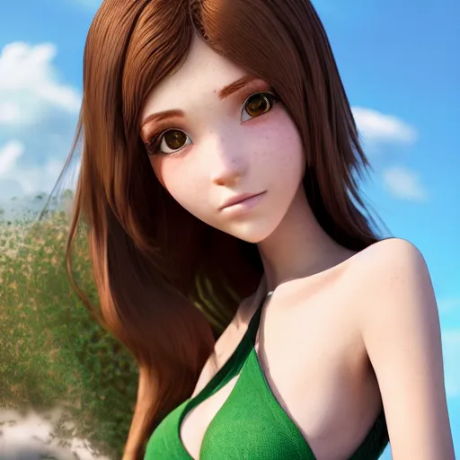 Prompt: Render of a beautiful 3d anime woman, long bronze brown hair, green eyes, cute freckles, full round face, soft smile, cute sundress, soft focus, golden hour, serene beach setting, medium shot, mid-shot, hyperdetailed, trending on Artstation, Unreal Engine 4k