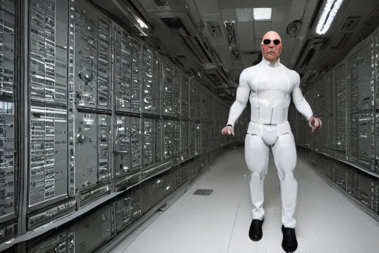 Prompt: cyborg - pitbull mr. worldwide in a marble server room, in 2 0 5 5, y 2 k cybercore, industrial low - light photography, still from a ridley scott movie