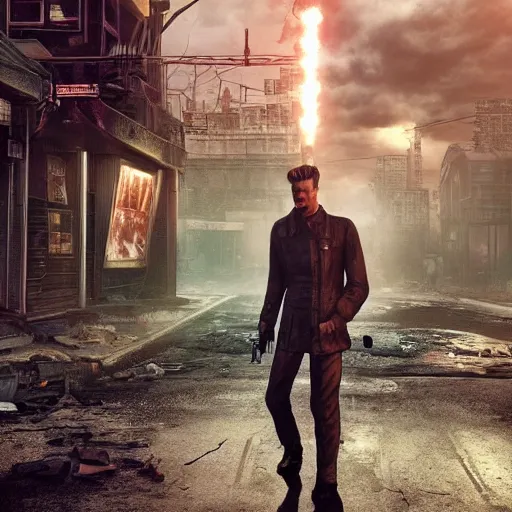 Image similar to fallout 4, charismatic david bowie, portrait, outdoors ruined cityscape, atmospheric lighting, painted, intricate, volumetric lighting, beautiful, daytime, sunny weather, slight overcast, sharp focus, deep colours, ultra detailed, by leesha hannigan, ross tran, thierry doizon, kai carpenter, ignacio fernandez rios