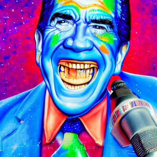 Image similar to president nixon as a smiling laughing bright blue lizard person, airbrush painting, hyper detailed, 8 k, photorealism, rule of thirds, glitter.