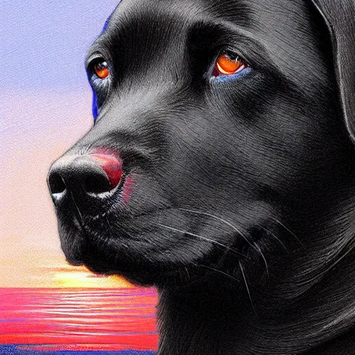 Prompt: detailed portrait of a black labrador retriever watching a brilliant sunrise, blue eyes, intricate, elegant, colorful, highly detailed, digital painting, artstation, concept art, smooth, sharp focus, illustration, art by artgerm and greg rutkowski and alphonse mucha